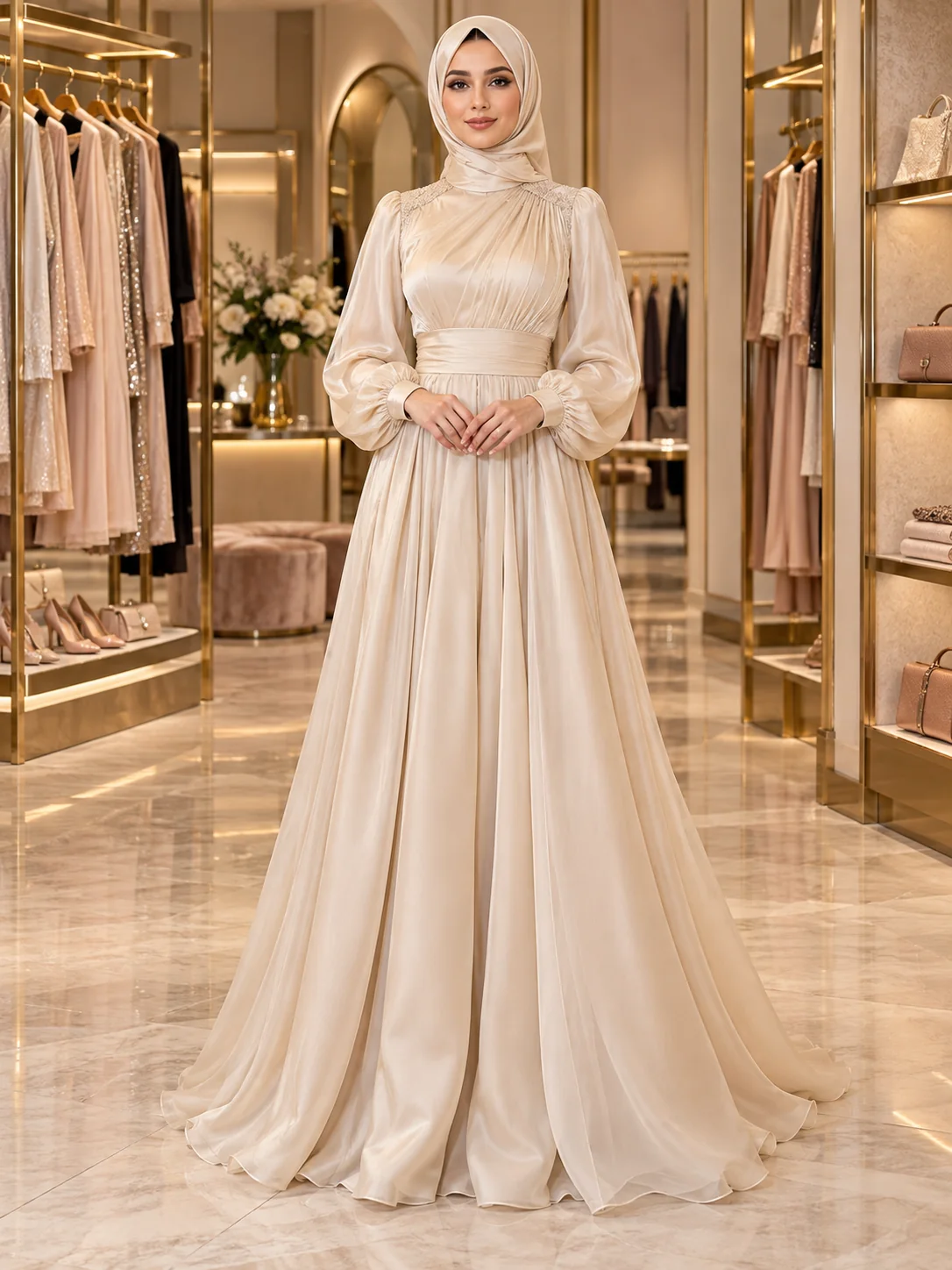 Krem abiye, tesettürlü model üzerinde — butik sahnesinde katalog çekimi